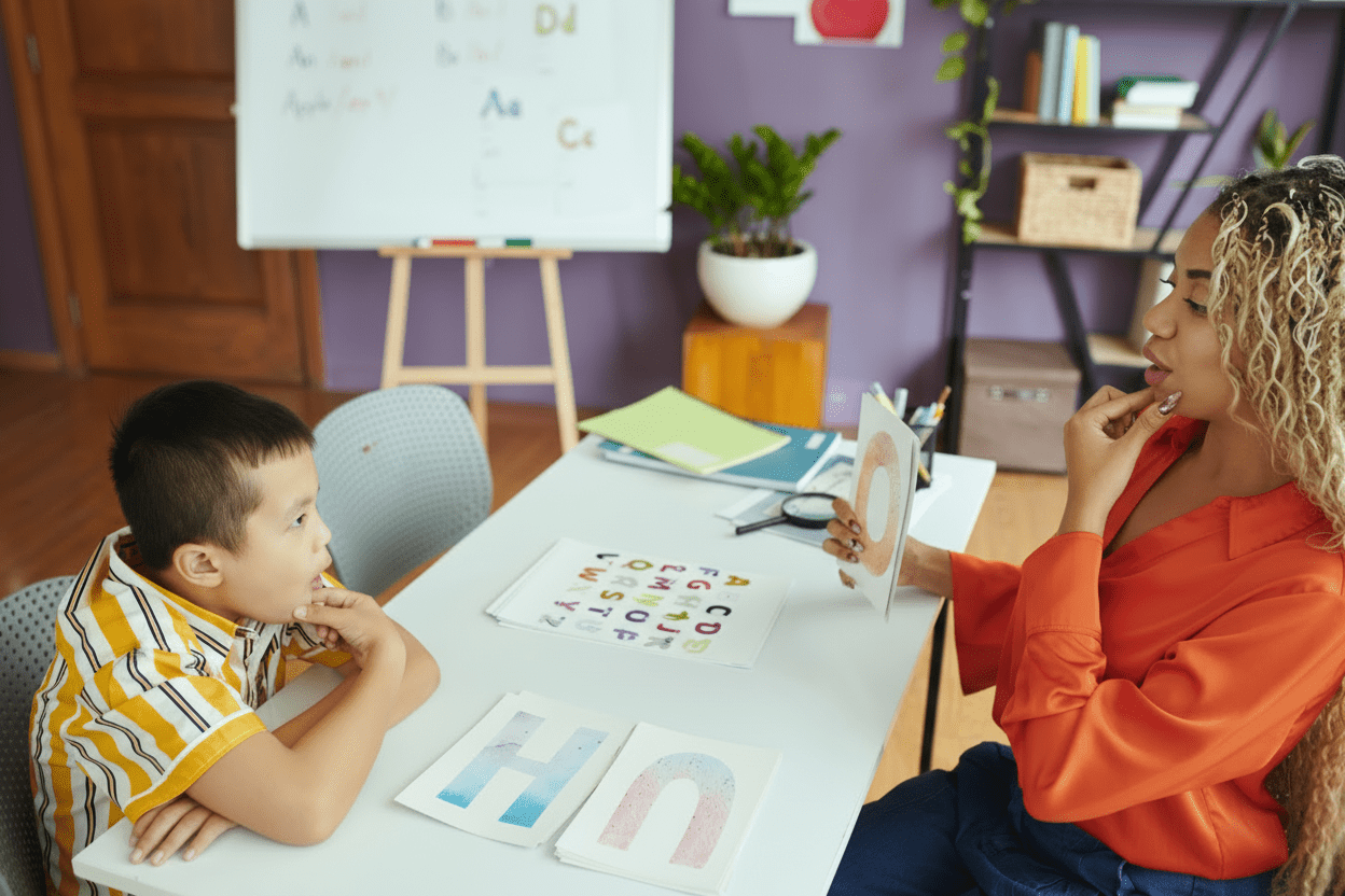 Docente realiza seguimiento personalizado a un niño durante una clase individual, utilizando tarjetas con letras y recursos visuales para reforzar el aprendizaje y adaptarse al ritmo de cada estudiante, en un ambiente escolar acogedor con materiales didácticos sobre la mesa.